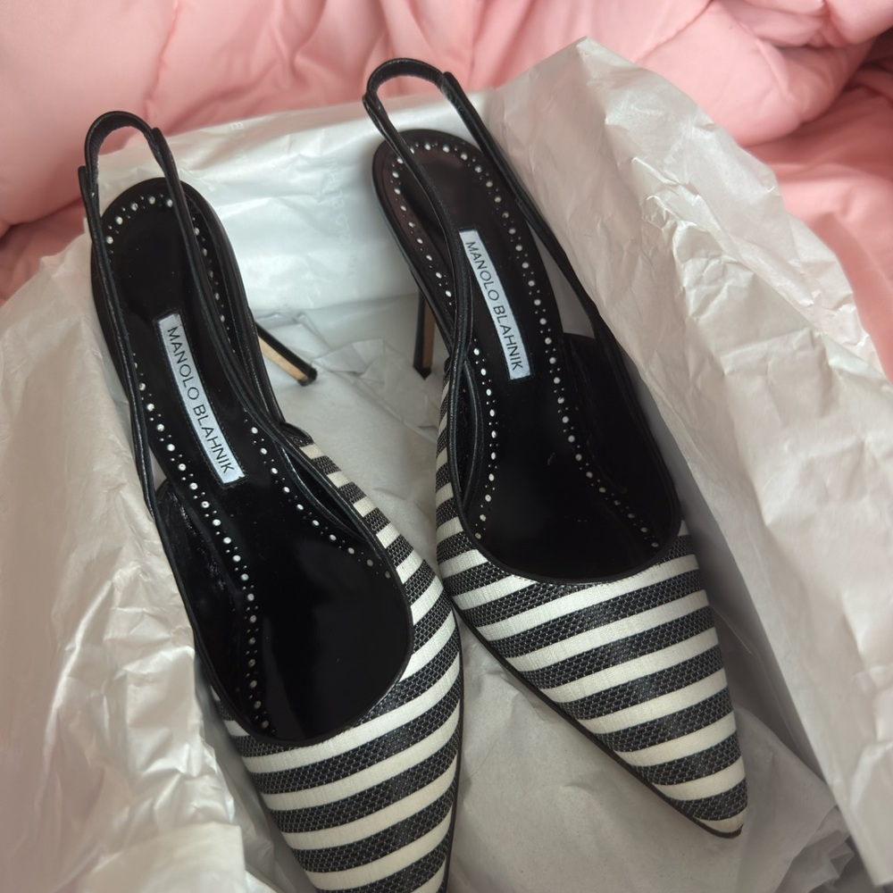 Manolo Blahnik Black and White Striped Women's Heels